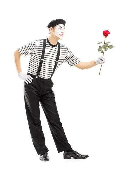 Mime artist giving rose flower — Stock Photo, Image