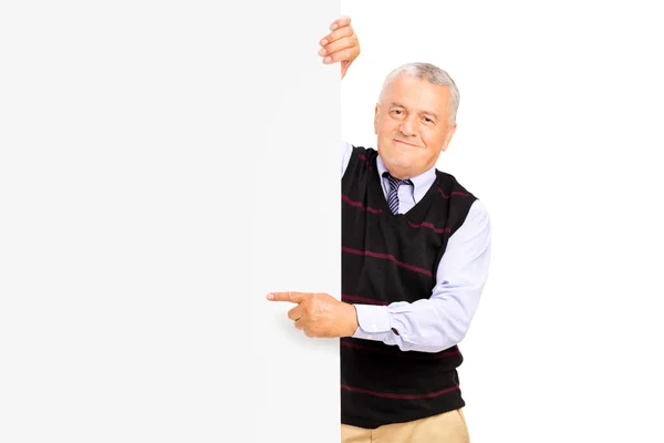 Gentleman pointing on banner — Stock Photo, Image