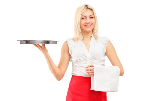 Kelnerka kobiece gospodarstwa taca — Zdjęcie stockowe