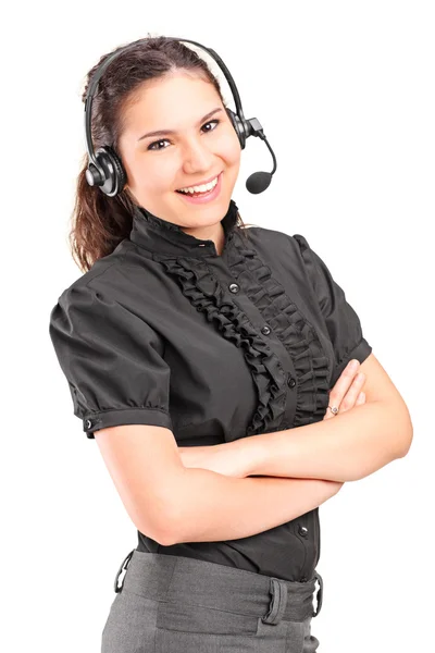 Atención al cliente femenina con auriculares — Foto de Stock