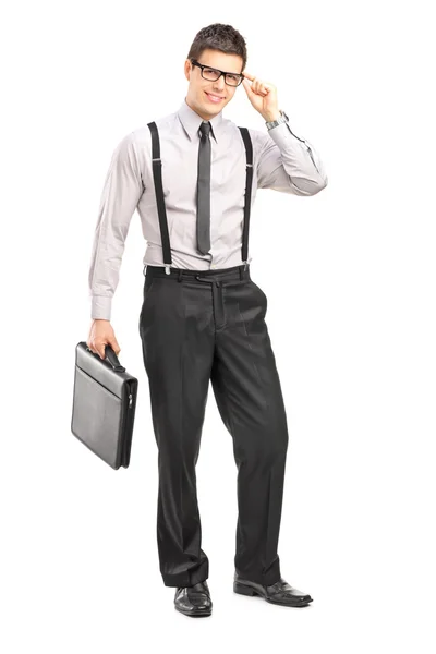 Man holding a leather briefcase — Stock Photo, Image