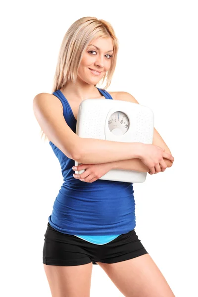 Female holding weight scale — Stock Photo, Image