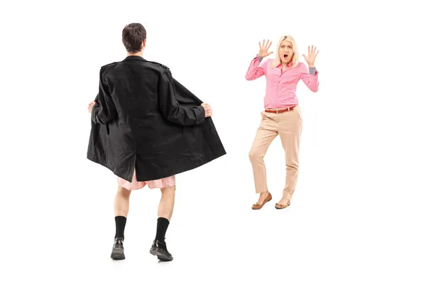 Flasher scaring young woman — Stock Photo, Image