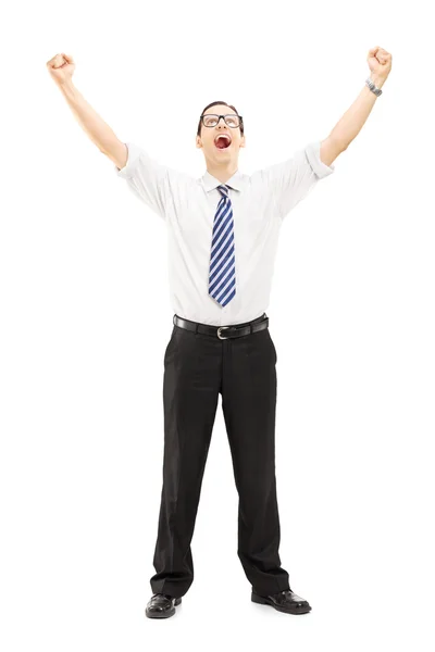 Excited male with raised hands — Stock Photo, Image