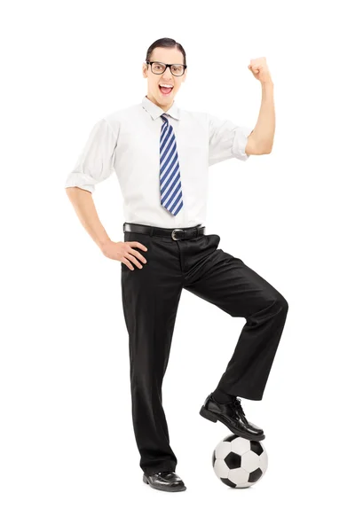 Man with a football gesturing happiness — Stock Photo, Image