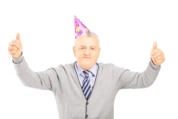 Gentleman with party hat thumbs up — Stock Photo, Image