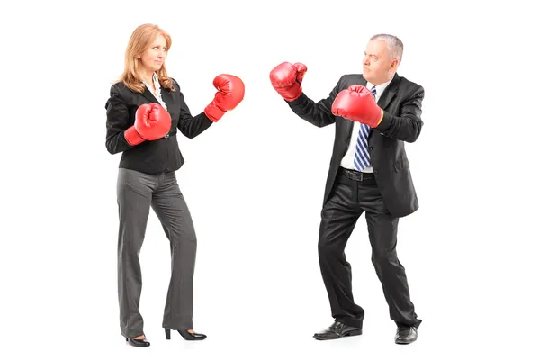 Бизнесмен и бизнесвумен в боксёрских перчатках — стоковое фото