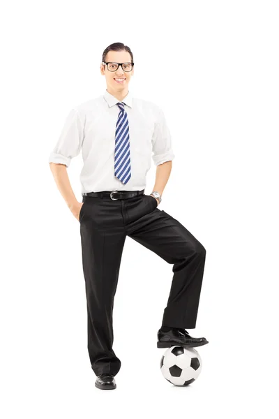 Smiling man with a soccer ball — Stock Photo, Image