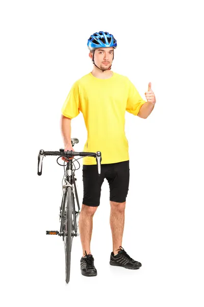 Biciclista dando o polegar para cima — Fotografia de Stock