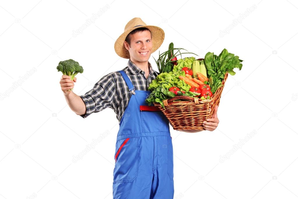 Farmer holding basket full of vegetables