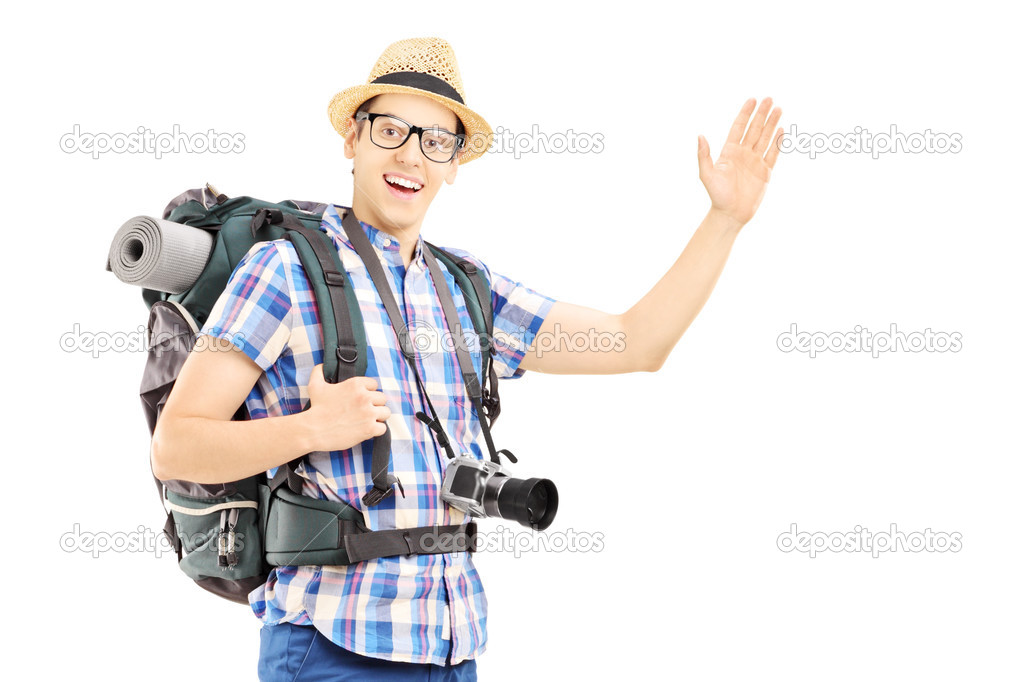 Male tourist waving with hand