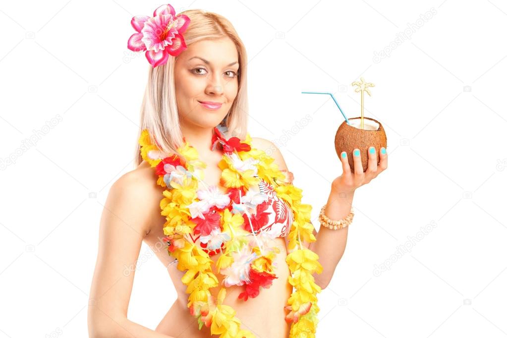 Female dressed in hawaiian costume