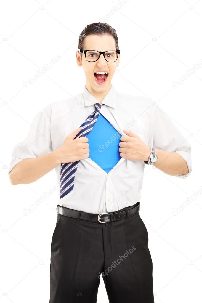 Superhero screaming and opening shirt, blank blue t-shirt underneath provides excellent copy space for your image, text or logo, isolated on white background