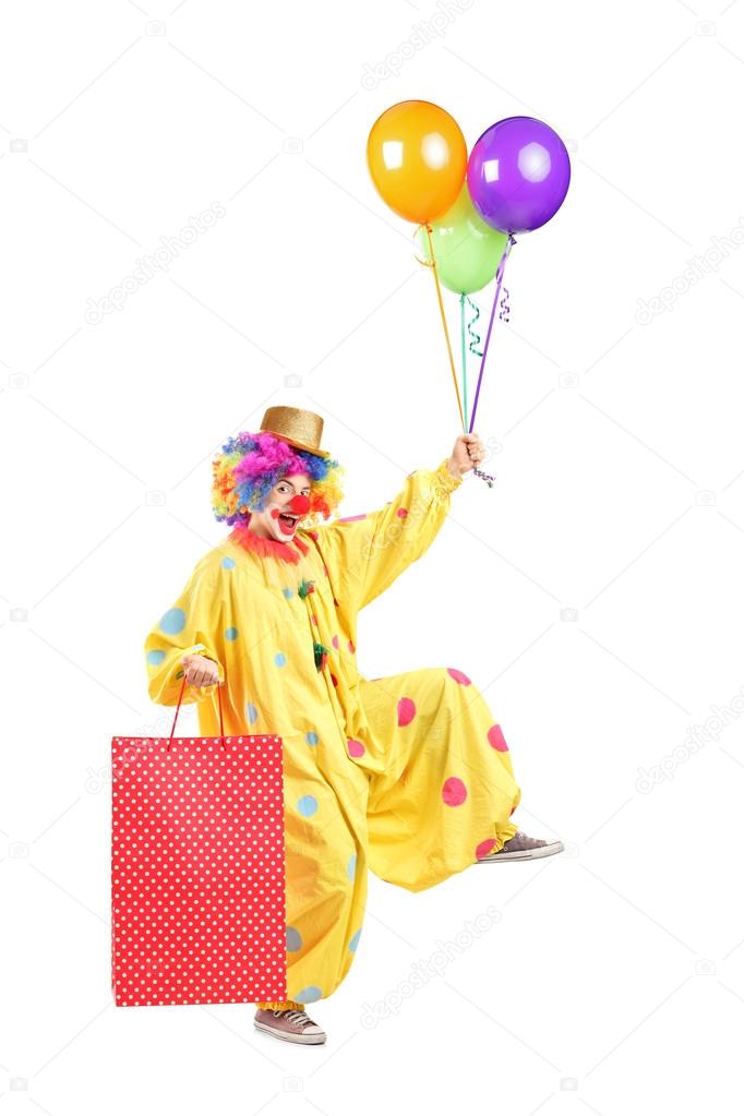 Clown with balloons and paper bag