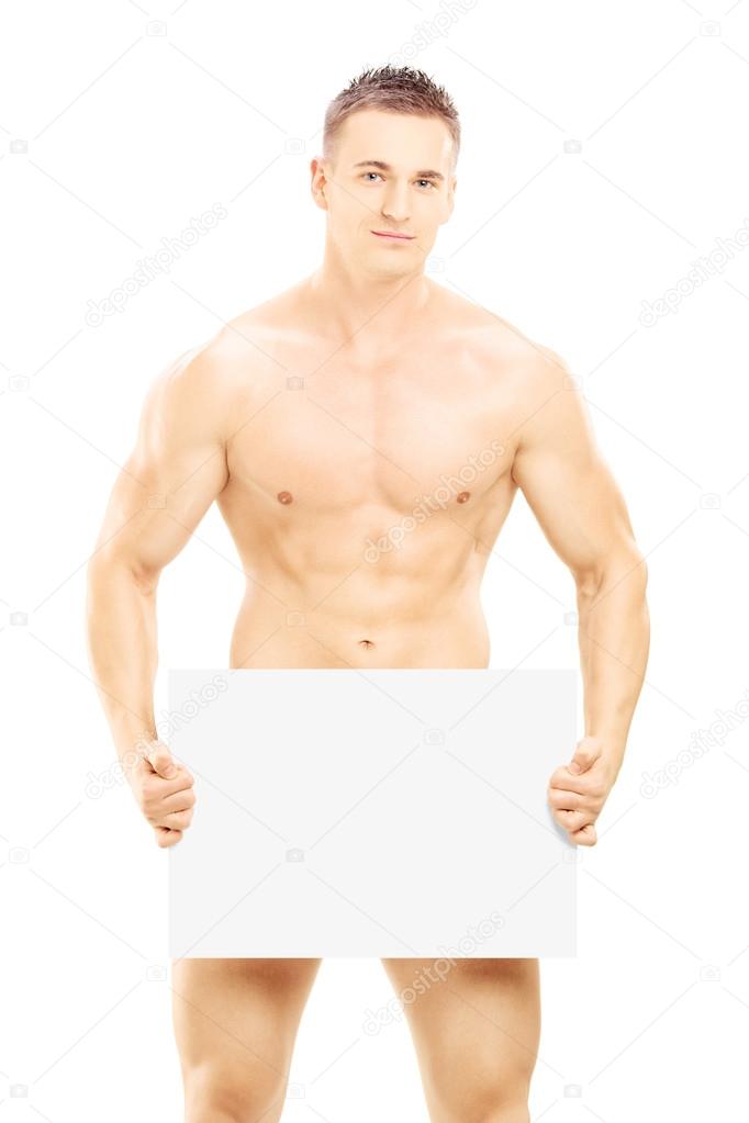 Naked guy holding blank panel