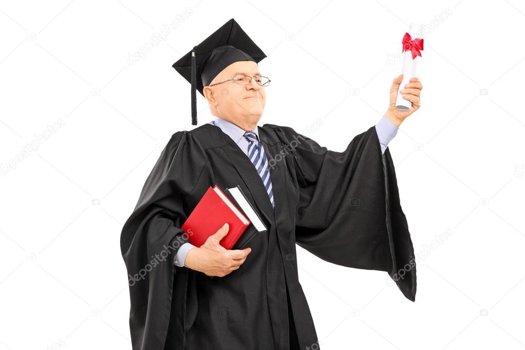Proud mature student holding a diploma 