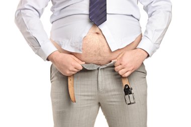 Overweight man trying to fasten clothes clipart