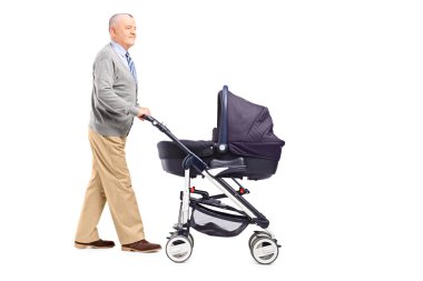 Grandfather pushing nephew in stroller clipart