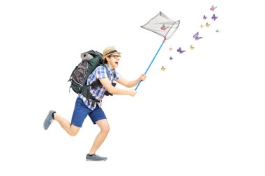 Male tourist catching butterflies with net clipart