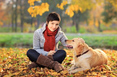 bir köpek ile bir parkta güzel bir genç kadın
