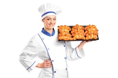 Bayan baker pişmiş kruvasanlar holding여자 베이커 구운된 크로 상 개최