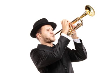 Man in hat playing trumpet clipart