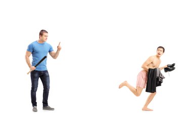 Man holding bat and naked man in underwear clipart