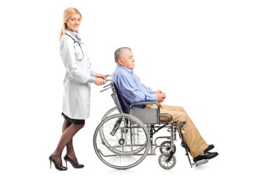 Doctor pushing man in wheelchair clipart