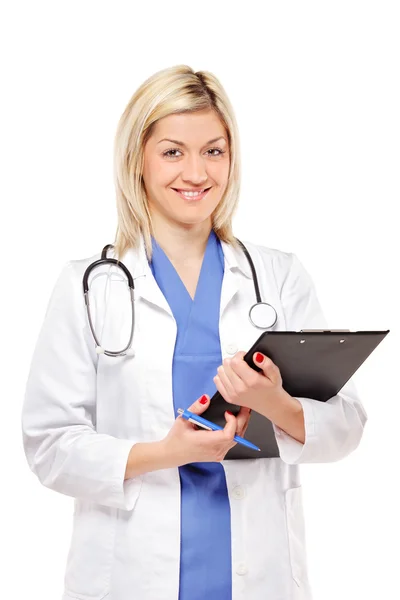 Жінка лікар тримає кишеню — стокове фото