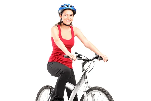 Female biker next to bike — Stock Photo, Image