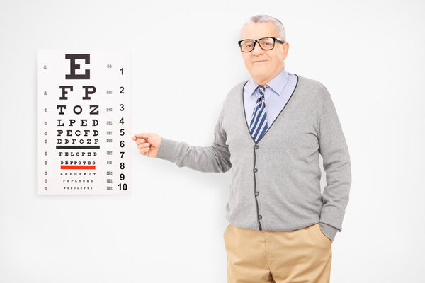 Man pointing towards eyesight test