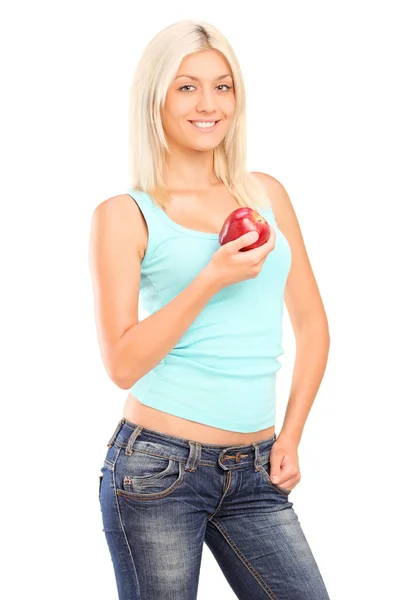 Θηλυκό εκμετάλλευση κόκκινο μήλο — Φωτογραφία Αρχείου