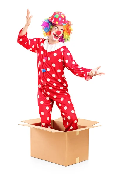 Clown kommt aus Pappkiste — Stockfoto