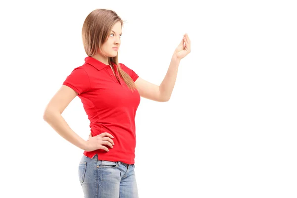 Mujer curiosa haciendo gestos con la mano — Foto de Stock