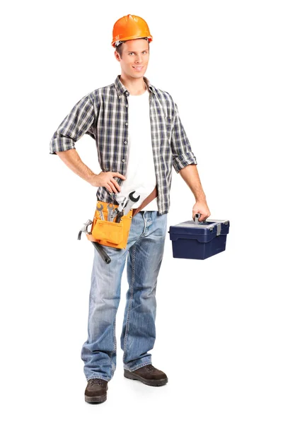 Worker holding wrench and toolbox — Stock Photo, Image