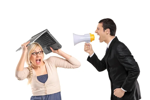 Homem gritando via megafone — Fotografia de Stock