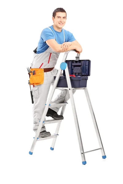Man die zich voordeed op ladder — Stockfoto