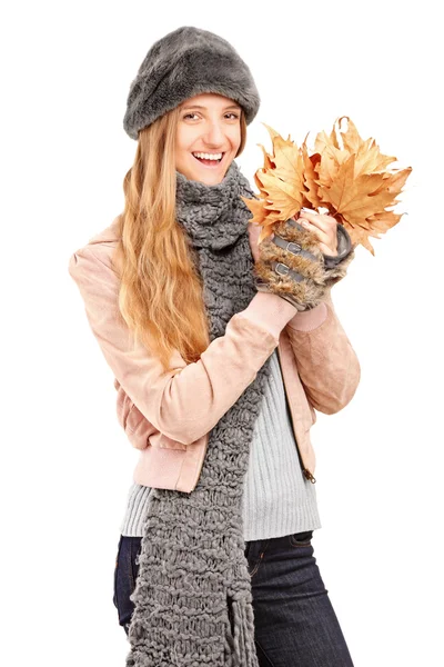 Female holding tree leaves — Stock Photo, Image