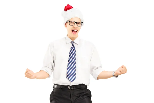 Maschio con cappello di Babbo Natale gesticolando felicità — Foto Stock