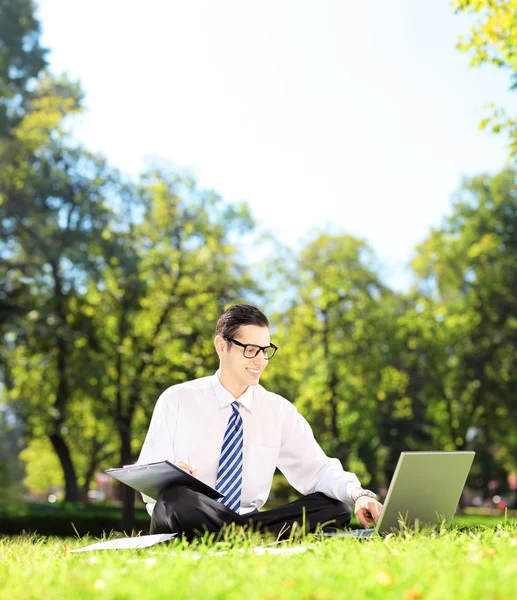 Empresário trabalhando em um laptop no parque — Fotografia de Stock