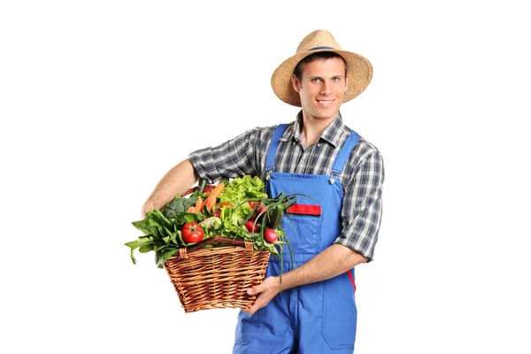 Landwirt hält Korb voller Gemüse — Stockfoto