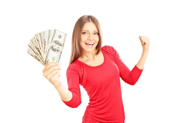 Female holding dollars — Stock Photo, Image