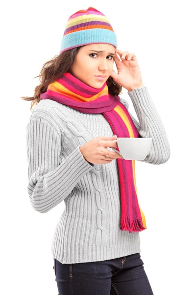 Female having headache, holding cup — Stock Photo, Image