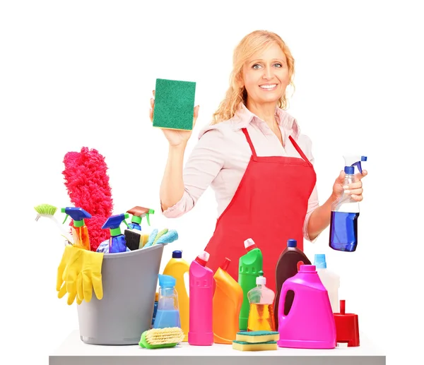 Female cleaner with cleaning equipment — Stock Photo, Image