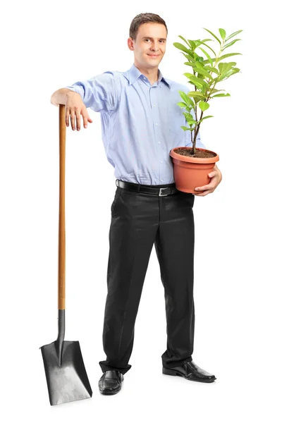 Man bedrijf plant en shovel — Stockfoto