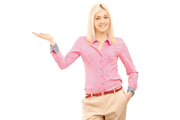 Woman gesturing with hand — Stock Photo, Image