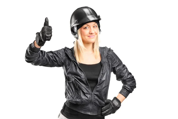 Female motorcycler giving thumb up — Stock Photo, Image