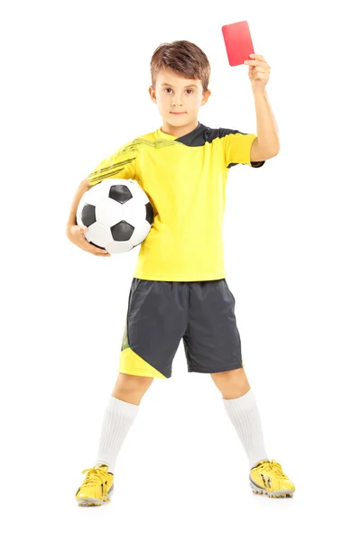 Kid em sportswear segurando bola de futebol — Fotografia de Stock