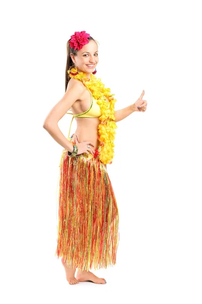 Woman in Hawaiian costume giving thumb up — Stock Photo, Image