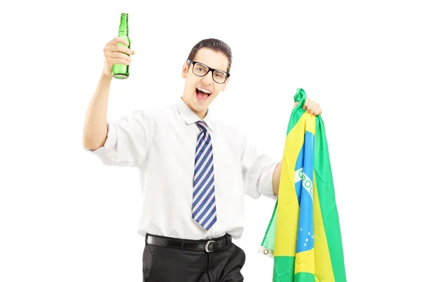 Male with beer and brazilian flag — Stock fotografie